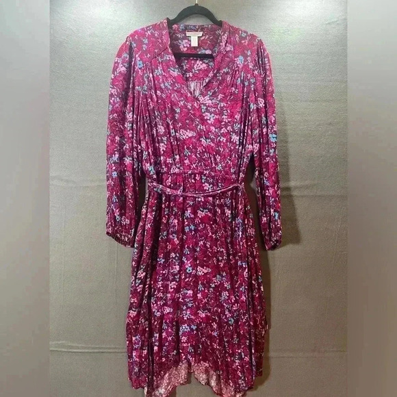London Times V-Neck Balloon Sleeve Midi Dress Size 16 Wine Raspberry Red Pink - Picture 1 of 6